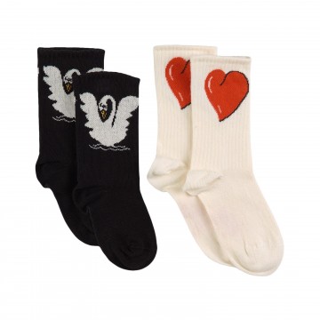 Mini Rodini 2-pack Swan Socks Black and White with Red Heart