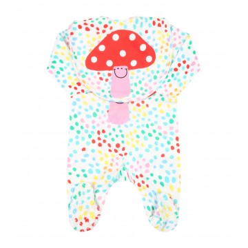 Stella MacCartney White Cotton Long-Sleeve Romper With Red Mushroom and Multicolored Small Dots