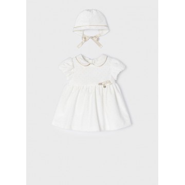 Mayoral Baby Velvet Ecru Dress with Cap