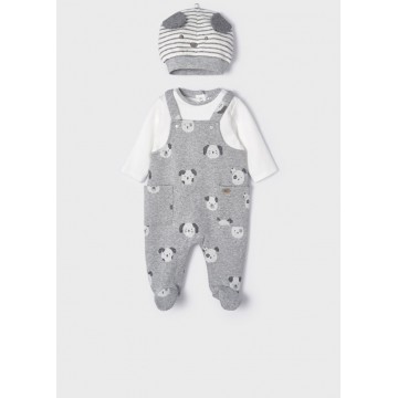 Mayoral Baby Onesie Gray and White with Doggies and Hat