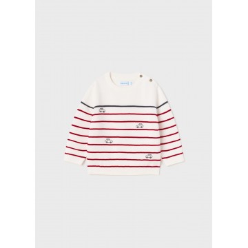 Mayoral Baby White Jersey Top with Red Stripes & Cars