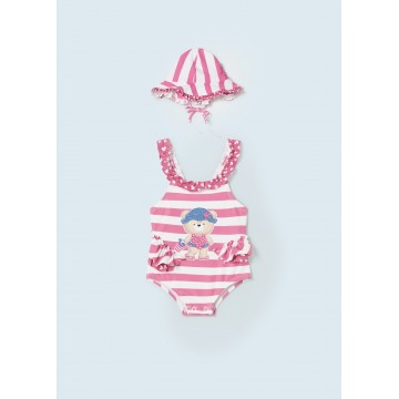 Mayoral Infant One Piece Swimwear Striped Pink with Teddy Bear