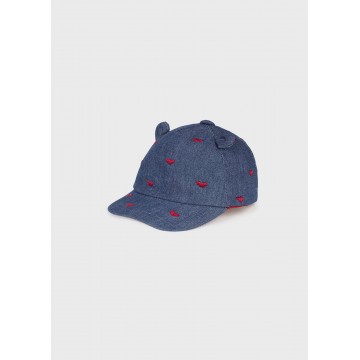 Mayoral Baby Blue Denim Jockey Hat With Red Hearts