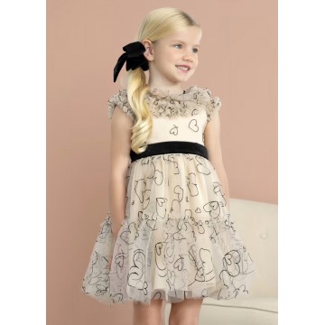 Children's Beige Tulle Dress With Black Hearts Abel & Lula