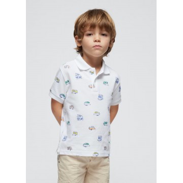 Kids White Polo Shirt With Mayoral Vehicles