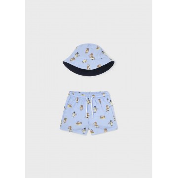 Baby Light Blue Bermuda Swimsuit With Monkeys With Hat Mayoral