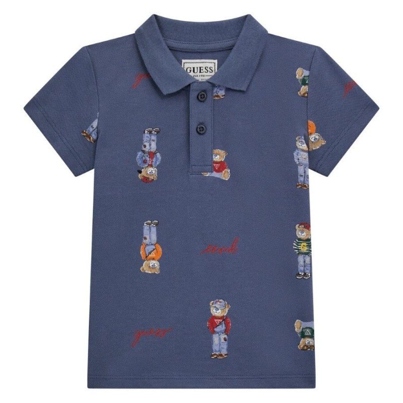 Guess Boys' Blue Polo T-Shirt with Bear Print