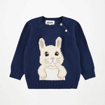 Molo Baby Boys' Blue Knitted Jumper with Cream Bunny Motif