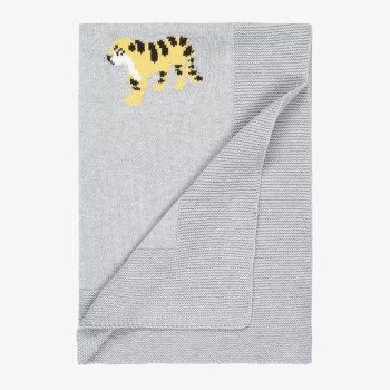 Stella McCartney Kids Grey Cotton Knit Baby Blanket with Tiger Motifs – 72 cm