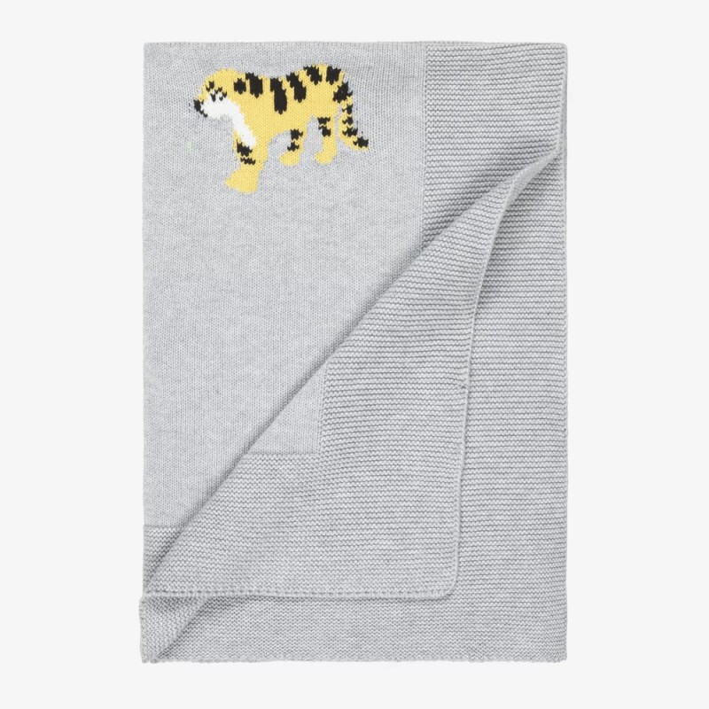 Stella McCartney Kids Βρεφική Γκρι Πλεκτή Κουβέρτα από Βαμβάκι με Σχέδιο Τίγρεις 72 εκ.