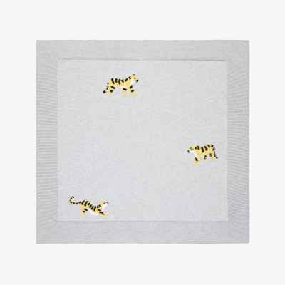 Stella McCartney Kids Βρεφική Γκρι Πλεκτή Κουβέρτα από Βαμβάκι με Σχέδιο Τίγρεις 72 εκ.