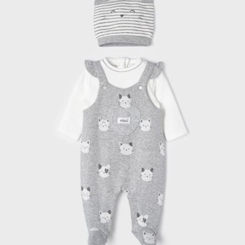 Mayoral κοριτσίστικο λευκό/γκρι σετ βρεφικό φορμάκι μακρυμάνικο με αξεσουάρ και στάμπα λευκής γάτας