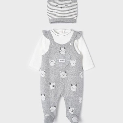 Mayoral κοριτσίστικο λευκό/γκρι σετ βρεφικό φορμάκι μακρυμάνικο με αξεσουάρ και στάμπα λευκής γάτας