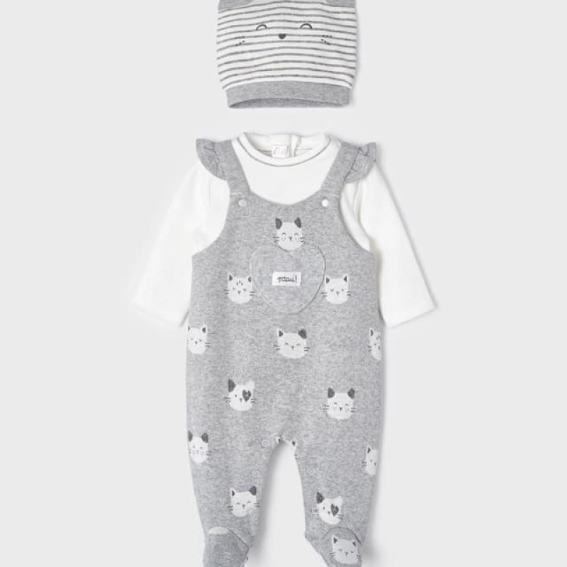 Mayoral κοριτσίστικο λευκό/γκρι σετ βρεφικό φορμάκι μακρυμάνικο με αξεσουάρ και στάμπα λευκής γάτας