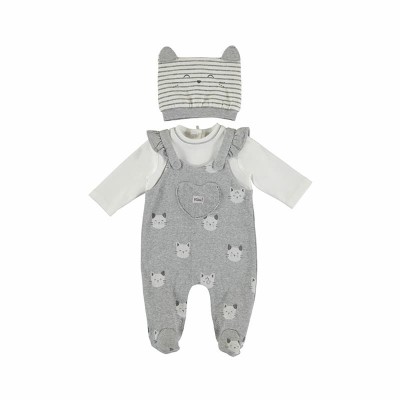 Mayoral κοριτσίστικο λευκό/γκρι σετ βρεφικό φορμάκι μακρυμάνικο με αξεσουάρ και στάμπα λευκής γάτας