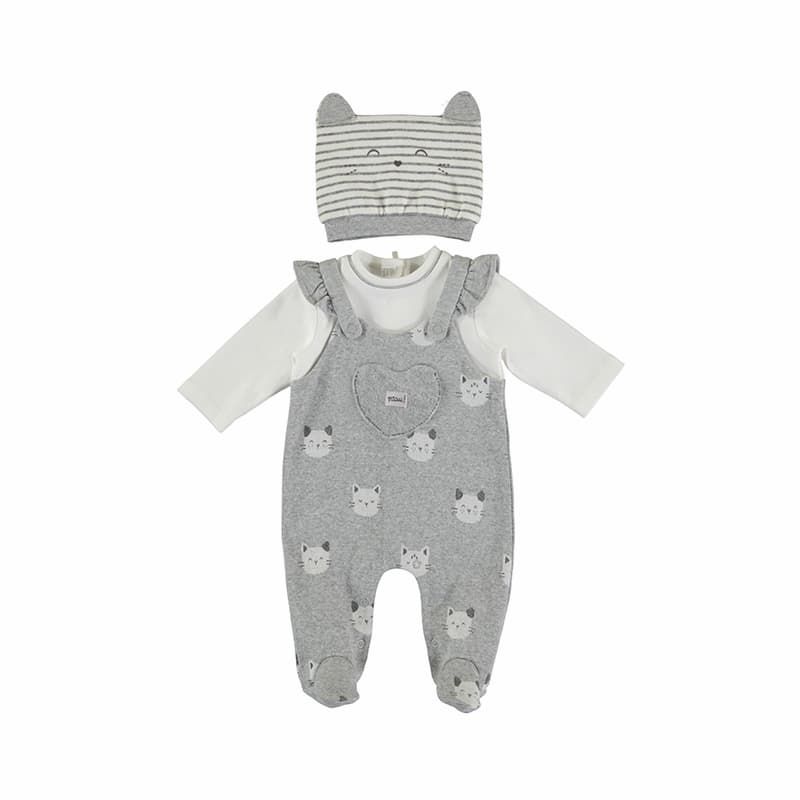 Mayoral κοριτσίστικο λευκό/γκρι σετ βρεφικό φορμάκι μακρυμάνικο με αξεσουάρ και στάμπα λευκής γάτας