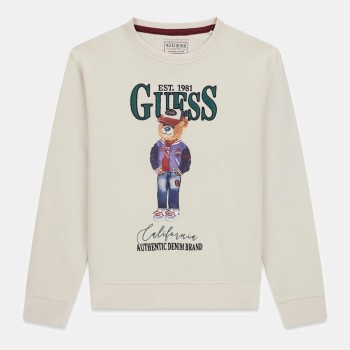 GUESS Παιδική Κρεμ Φούτερ Αγορίστικη Μπλούζα με Μπροστινή Στάμπα Καφέ Αρκουδιού
