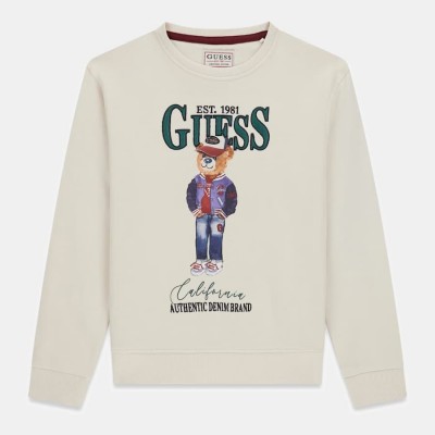 GUESS Παιδική Κρεμ Φούτερ Αγορίστικη Μπλούζα με Μπροστινή Στάμπα Καφέ Αρκουδιού