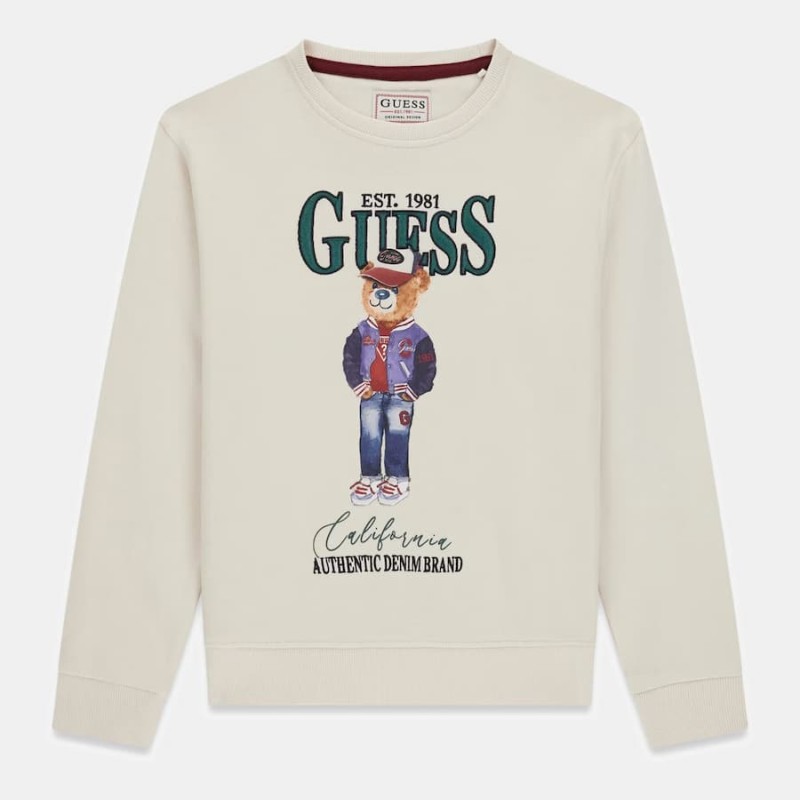 GUESS Παιδική Κρεμ Φούτερ Αγορίστικη Μπλούζα με Μπροστινή Στάμπα Καφέ Αρκουδιού