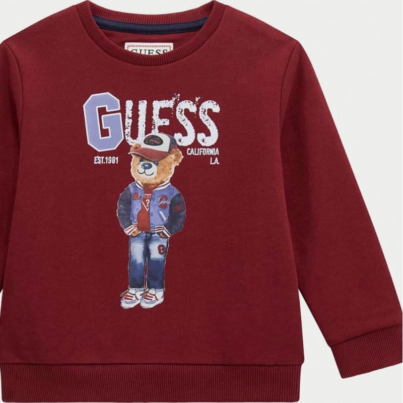 GUESS Βρεφική Αγορίστικη Μπορντό Φούτερ Μπλούζα με Στάμπα Καφέ Αρκούδιου