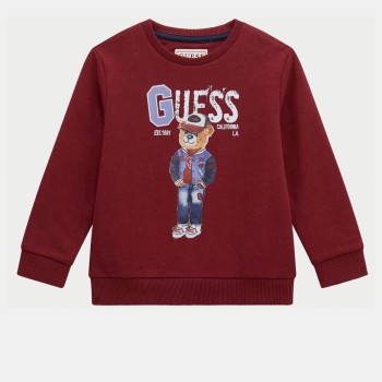 GUESS Βρεφική Αγορίστικη Μπορντό Φούτερ Μπλούζα με Στάμπα Καφέ Αρκούδιου