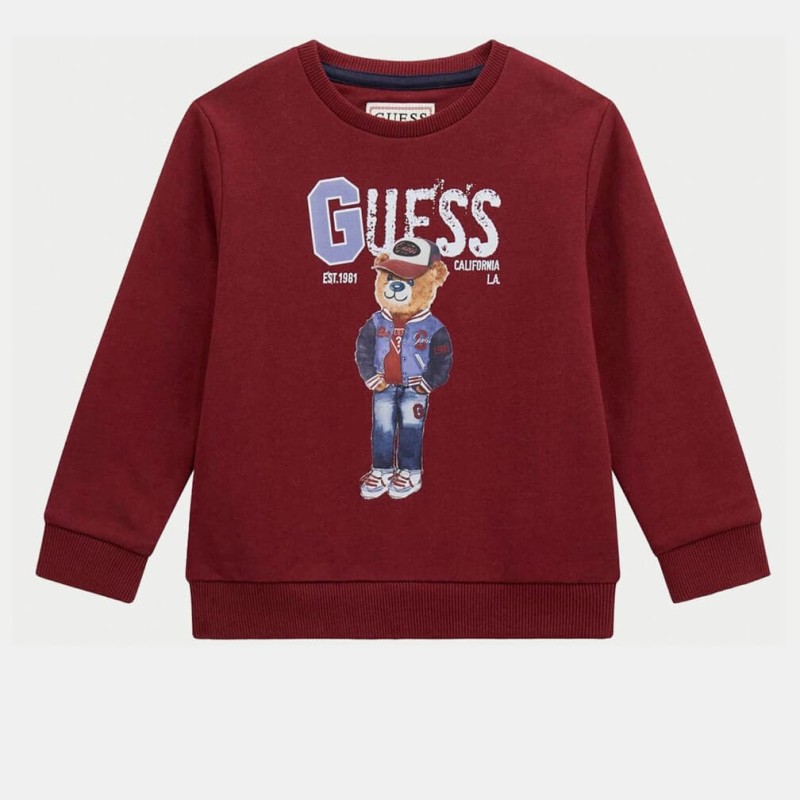GUESS Βρεφική Αγορίστικη Μπορντό Φούτερ Μπλούζα με Στάμπα Καφέ Αρκούδιου
