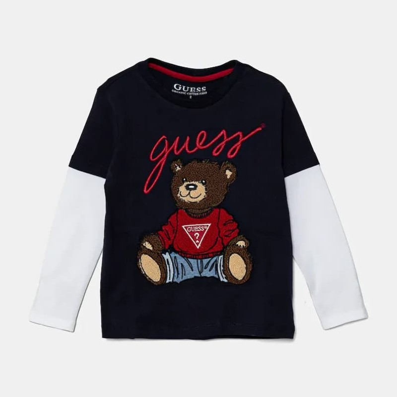 GUESS Boys’ Dark Blue Long-sleeve T-shirt With Embroidered Brown Teddy Bear