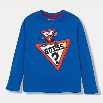 Guess – Boys’ Long-Sleeve Royal Blue Cotton T-Shirt with Triangle Logo Print