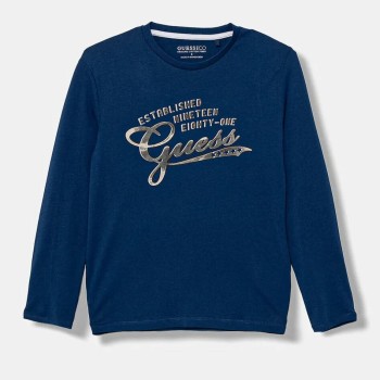 Guess – Boys’ Long-Sleeve Blue Cotton T-Shirt with Grey Print