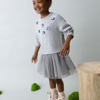 Mayoral – Two-Piece Girl's Dress with Tulle Shine and Jersey Top (Silver/Grey)