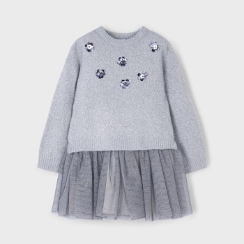 Mayoral – Παιδικό Φόρεμα Δύο Τεμαχίων με Τούλινη Λάμψη και Ζέρσεϊ Μπλούζα (Ασημί/Γκρι)