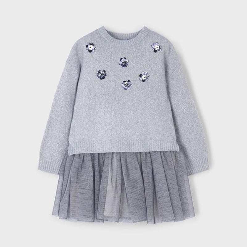 Mayoral – Παιδικό Φόρεμα Δύο Τεμαχίων με Τούλινη Λάμψη και Ζέρσεϊ Μπλούζα (Ασημί/Γκρι)