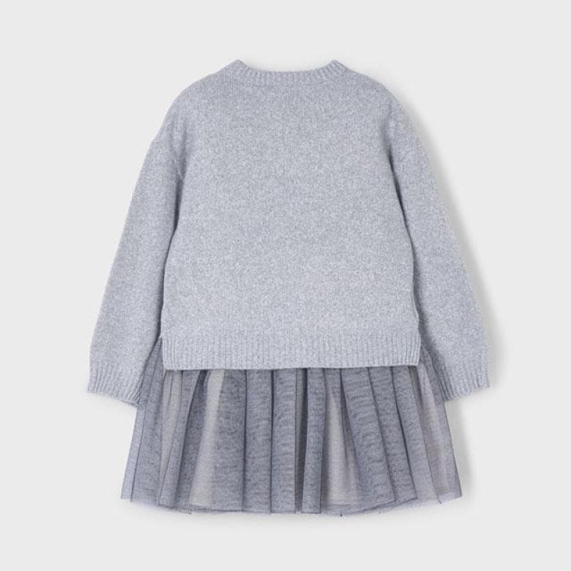 Mayoral – Παιδικό Φόρεμα Δύο Τεμαχίων με Τούλινη Λάμψη και Ζέρσεϊ Μπλούζα (Ασημί/Γκρι)