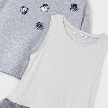 Mayoral – Παιδικό Φόρεμα Δύο Τεμαχίων με Τούλινη Λάμψη και Ζέρσεϊ Μπλούζα (Ασημί/Γκρι)