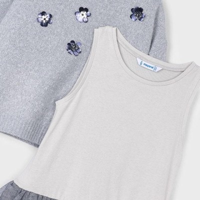 Mayoral – Παιδικό Φόρεμα Δύο Τεμαχίων με Τούλινη Λάμψη και Ζέρσεϊ Μπλούζα (Ασημί/Γκρι)