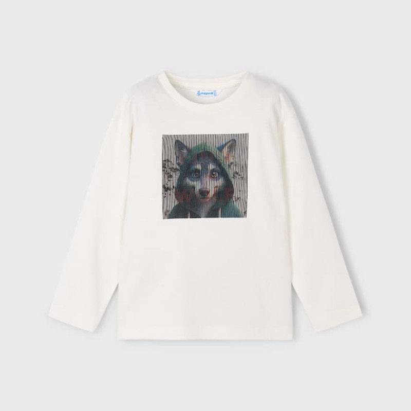 Mayoral Boys’ Cream Long-Sleeve Blouse with Wolf Print