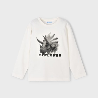 Mayoral – Boys' White Long-Sleeved T-Shirt with Dinosaur Print