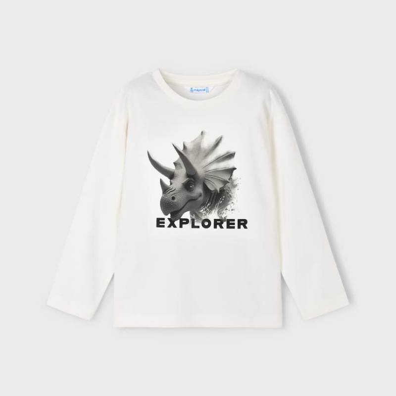 Mayoral – Boys' White Long-Sleeved T-Shirt with Dinosaur Print Mayoral – Boys' White Long-Sleeved T-Shirt with Dinosaur Print