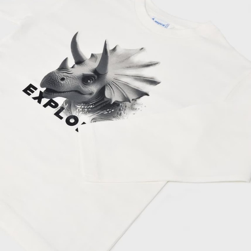 Mayoral – Boys' White Long-Sleeved T-Shirt with Dinosaur Print Mayoral – Boys' White Long-Sleeved T-Shirt with Dinosaur Print