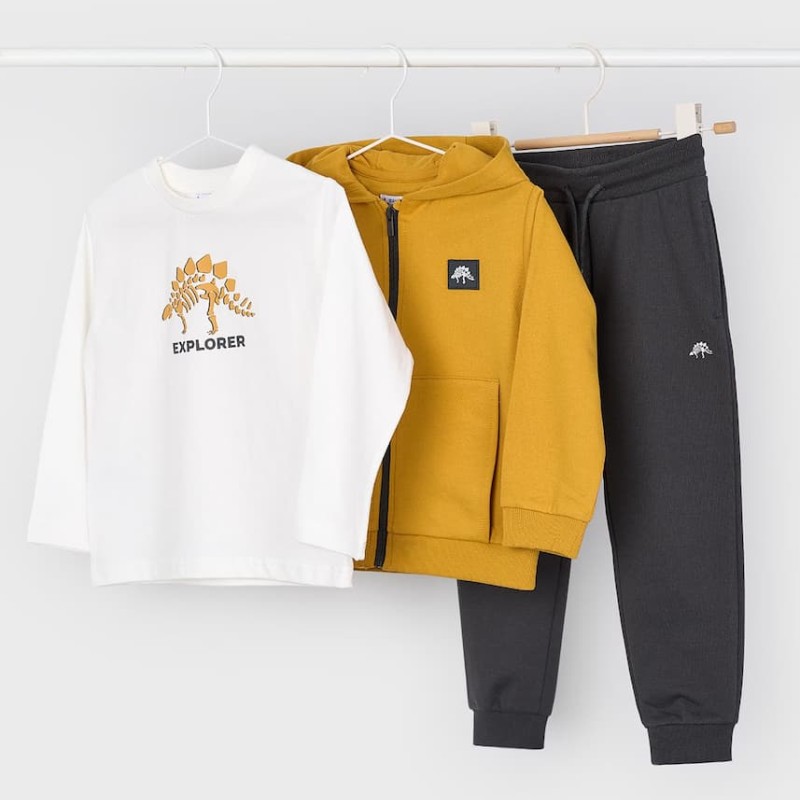 Mayoral Boys’ Mustard Tracksuit Set with Dinosaur Print (3 Pieces)