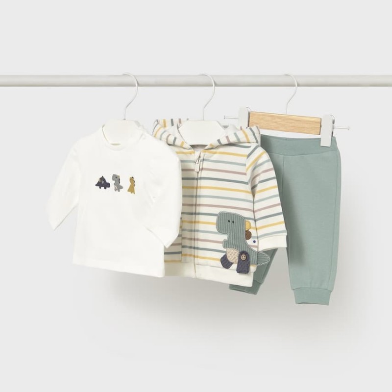 Mayoral – Baby Boys’ Striped Tracksuit Set with Dinosaurs in Mint/Ice Green
