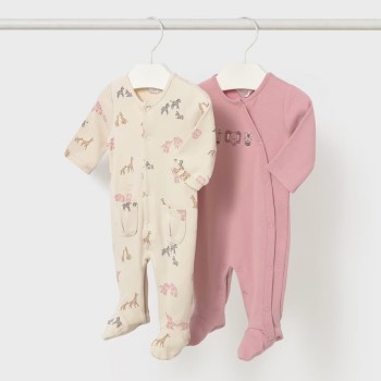 Mayoral – Βρεφικά Πιτζαμάκια/Φορμάκια Ιβουάρ & Ροζ με Ζωάκια της Ζούγκλας (Σετ 2 τεμαχίων)