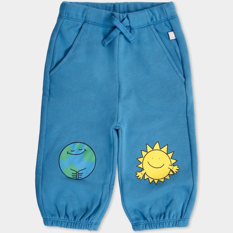 Stella McCartney Blue Pants for Baby Boy with Smiling Sun and World