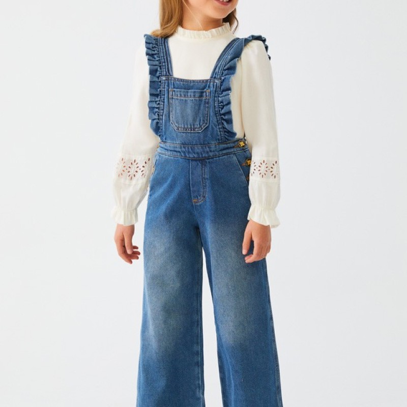 Abel & Lula Girl's ruffled denim dungarees