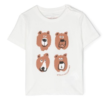 Stella McCartney Βρεφική Λευκή Κοντομάνικη Μπλούζα με Χαμογελαστές Φατσούλες Αρκούδων