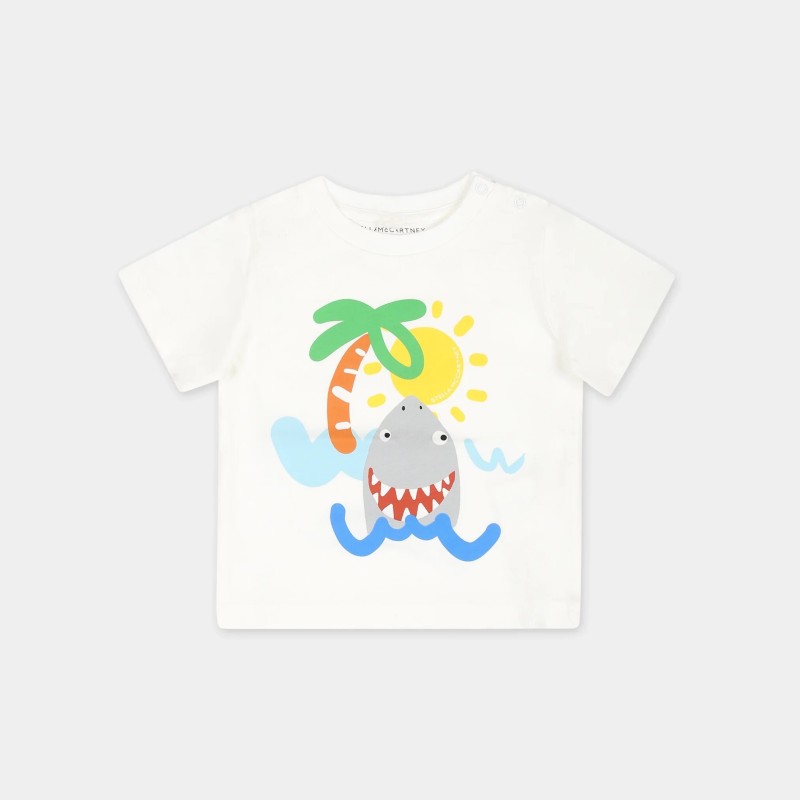 Stella McCartney Baby White Short-Sleeved T-Shirt with Smiling Grey Shark Stella McCartney Baby White Short-Sleeved T-Shirt with Smiling Grey Shark