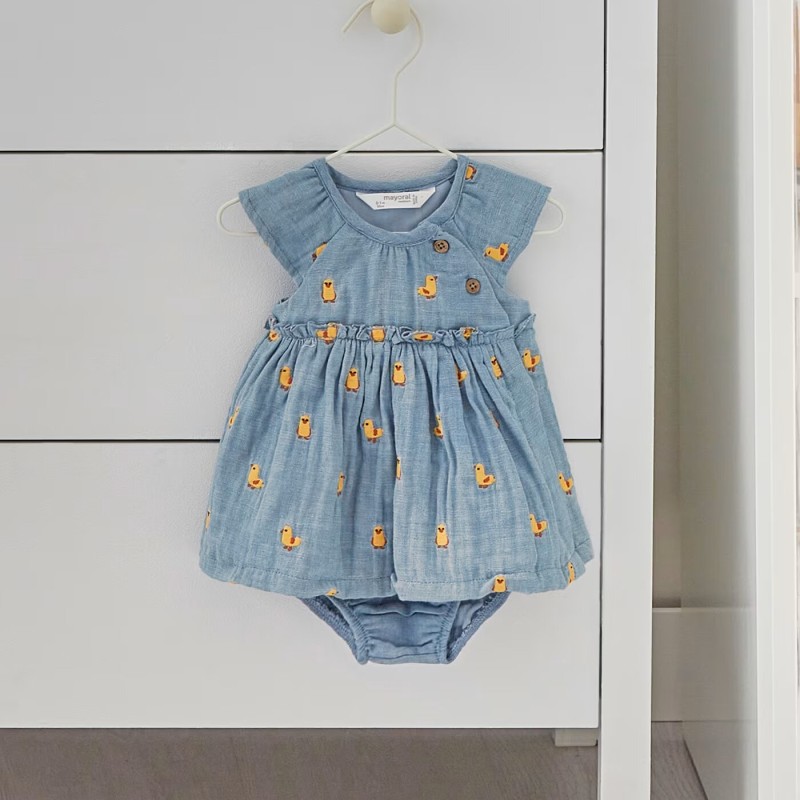 Baby Blue Gauze Denim Dress With Ducks Mayoral Baby Blue Gauze Denim Dress With Ducks Mayoral