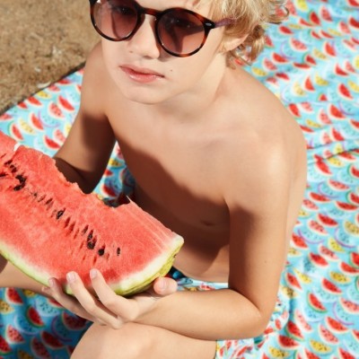 Marie Raxevsky Children's Turquoise Beach Towel With Colorful Watermelons