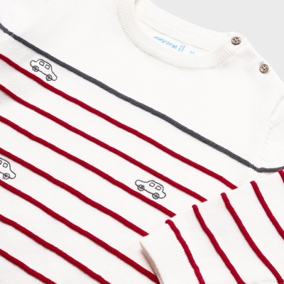 Mayoral Baby White Jersey Top with Red Stripes & Cars