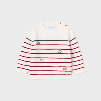 Mayoral Βρεφική Λευκή Ζέρσει Μπλούζα με Κόκκινες με Ρίγες & Αυτοκινητάκια